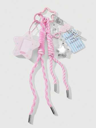 Kawaii 1pc Fashionable Versatile Sweet High-Quality Pink Beaded Acrylic Faux Diamond Star Frame ID Card Photo Butterfly Cross DIY Keychain Pendant Charm Suitable For Women, Girls Daily Wear, Holiday Gift