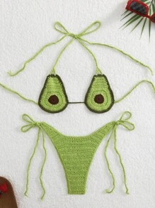 Swim Mod 1pc Women Crochet Halter Swimsuit Top & Triangle Swim Brief Bottom Set For Summer Beach Vacation - Multicolor - View 1