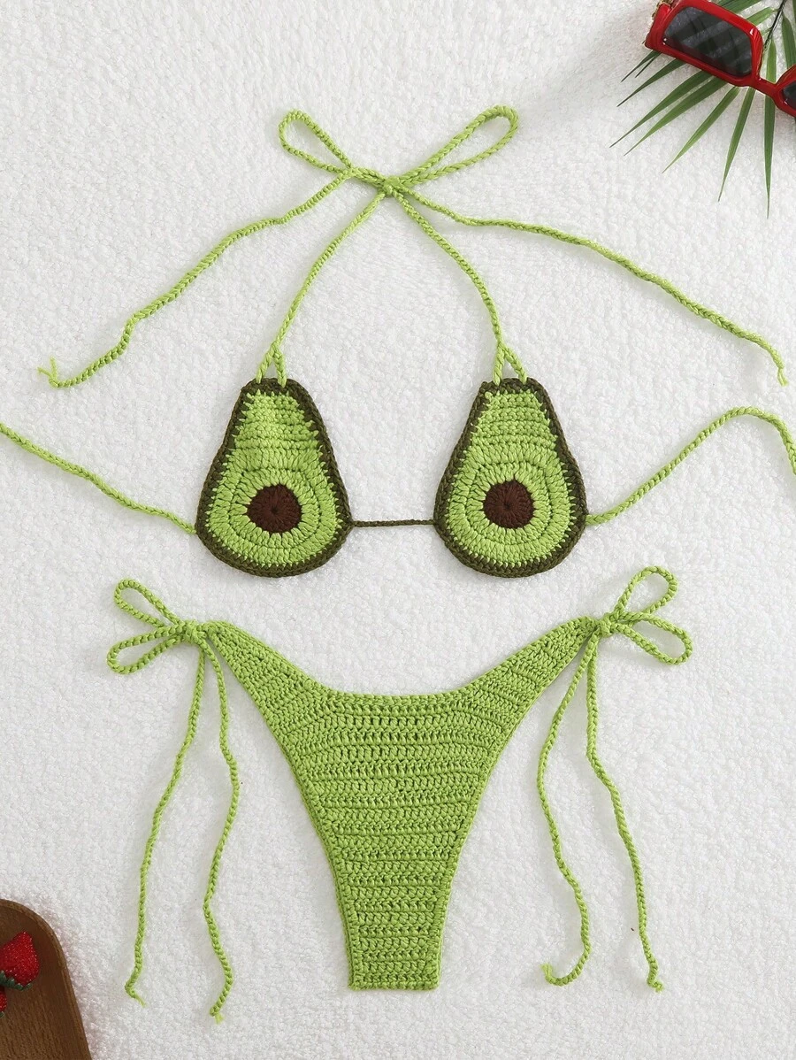 Swim Mod 1pc Women Crochet Halter Swimsuit Top & Triangle Swim Brief Bottom Set For Summer Beach Vacation - Multicolor - View 1