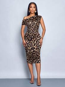 SOLERSUN 豹纹弹力优雅数码印花紧身性感开衩肩长裙，适合外出、聚会、通勤 - 彩色 - 查看 5