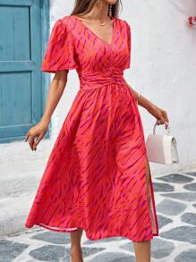 SHEIN Clasi Abito mini con maniche a palloncino, stampa a dopamina, copertura completa, adatto per le vacanze estive