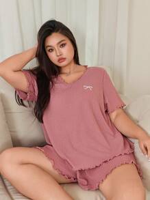 SHEIN Sweet Ruffle Trim Bowknot Embroidery Casual Pajama Set