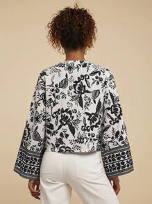 SHEIN TRVLCHIC 度假印花梭织宽松女式衬衫，夏季，沙滩装，复活节，春假，度假女士，音乐会，波西米亚风，波西米亚，音乐节，热带度假，7 月 4 日，节日 - 黑與白 - 查看 2