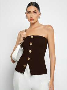 BizChic 女式咖啡棕色无袖上衣，单排金属纽扣设计，优雅浪漫休闲日常穿着，简约时尚基本款商务休闲衬衫，Y2K 街头服饰 - 棕色 - 查看 6