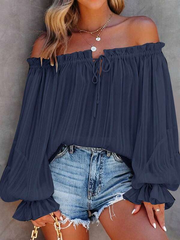 SHEIN VCAY Women's Vacation Solid Color Ruffle Off-Shoulder Long Sleeve Loose Blouse
