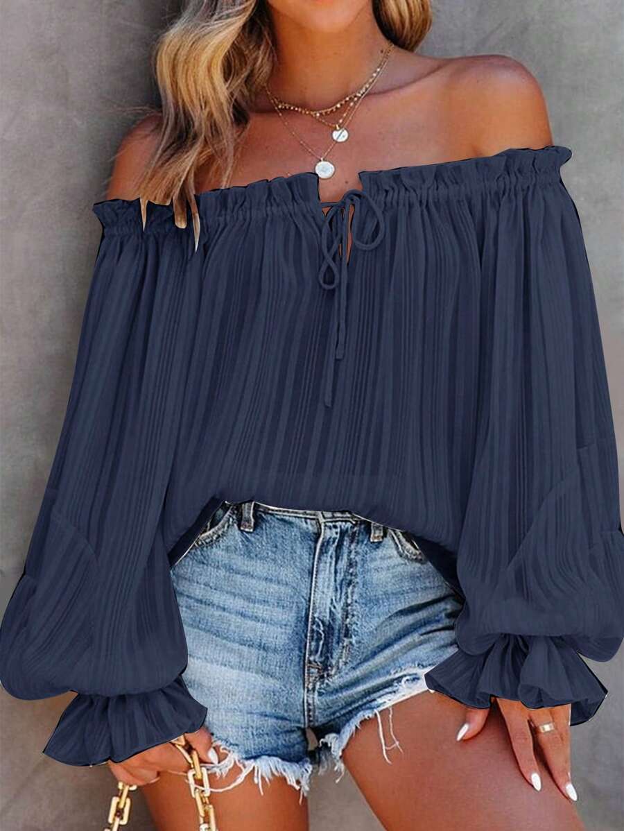 SHEIN VCAY Women's Vacation Solid Color Frill Off-Shoulder Long Sleeve Loose Top - Navy Blue - View 1