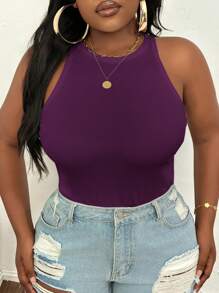 SHEIN PETITE CURVE 大码休闲修身白色圆领无袖背心 - 紫色 - 查看 8