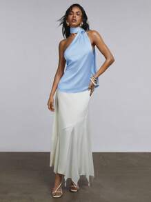 Athîral Camiseta de verano de mujer con parte trasera retorcida de unicolor, elegante y de moda - Azul - Ver 3