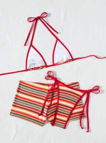Bonvoyette 3-Piece Rainbow Striped Textured Trim Contrast Color Sexy Fashion Bikini Set, For Summer Vacation