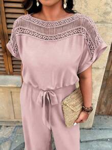 SHEIN LUNE Mono holgado de pierna recta con mangas de murciélago, cintura anudada y parches de encaje soluble en agua, talla grande, adecuado para salir y de vacaciones - Rosa - Ver 7