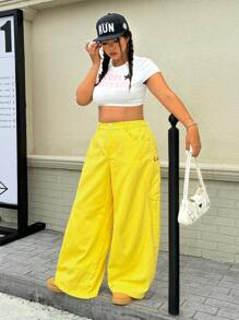 SHEIN ICON Jeans ample à jambe large de couleur unie style minimaliste casual grande taille