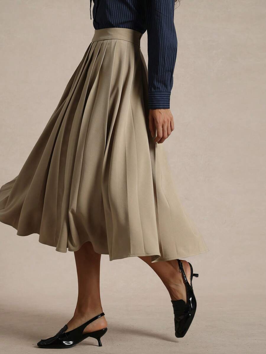 Briarwyn Casual Plain Woven Pleated Mid-Length Skirt For Women