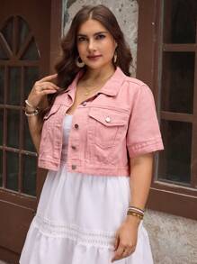 EMERY ROSE Áo khoác denim tay ngắn cài nút phía trước cỡ lớn, thường ngày cho mùa hè - Hồng - Xem 4