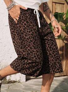 ROMWE MEN Street Life Pantalones cortos anchos de 3/4 de longitud para hombre con cintura con cordón y bolsillo, estampado de leopardo