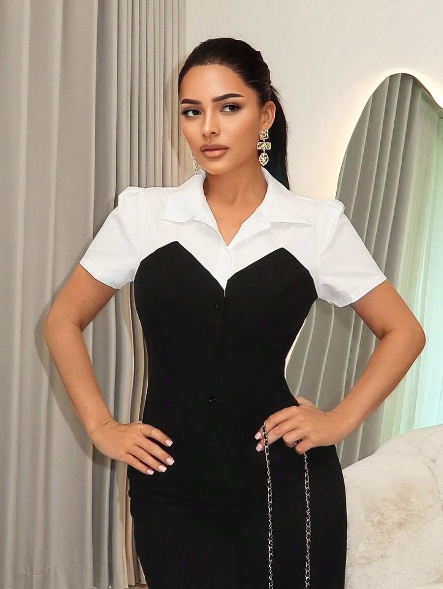 SHEIN SXY 单色撞色二合一商务休闲衬衫 - 黑與白 - 查看 1