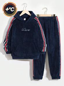 SHEIN 男童休閒字母刺繡連帽上下針織拼布細節兩件套 - 寶藍色 - 查看 1