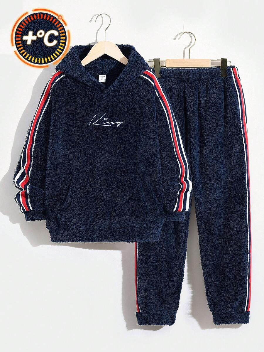 SHEIN 男童休閒字母刺繡連帽上下針織拼布細節兩件套 - 寶藍色 - 查看 1