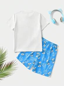 SHEIN X The Smurfs 2 pezzi Set di pigiama per ragazzo pre-adolescente casual e carino con stampa a cartone animato e shorts con stampa a cartone animato su tutto il capo, adatto per tutte le stagioni