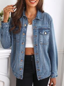 EMERY ROSE 女式休闲日常水洗纽扣前盖口袋牛仔夹克 - 淺色水洗藍 - 查看 4