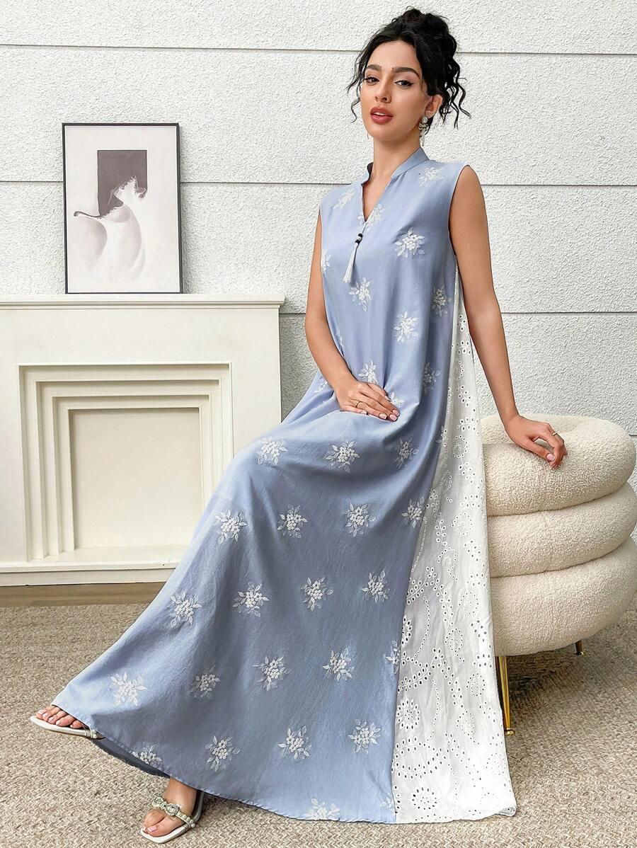 Yasmyna 女式夏季优雅镂空刺绣撞色挂脖无袖连衣裙 - 藍色 - 查看 1