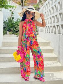 SHEIN Tween Girls Tropical Print Halter Neck Camisole And Straight Leg Pants Set - Multicolor - View 4