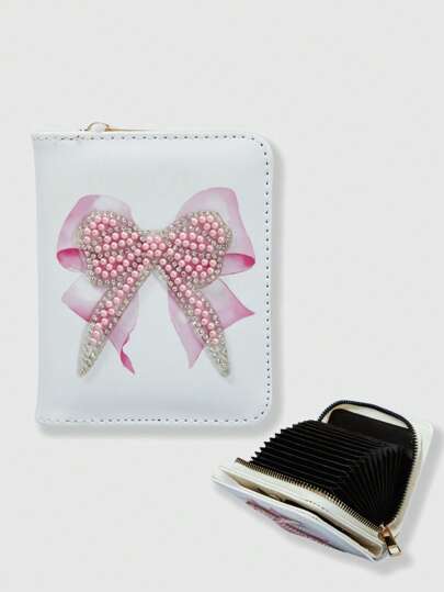 Kawaii حامل بطاقات مزود بسوستة ومخمل ذو وظائف متعددة بنمط فتاة لطيف مزين بخرزات ولوحة وشريطة عقدة الفراشة ، باللون الوردي