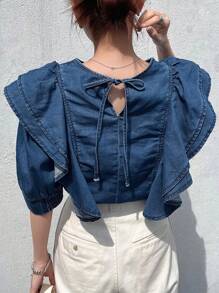 FRIFUL Women's Casual Washed Denim Ruffle Trim Blouse - Dark Wash - View 1