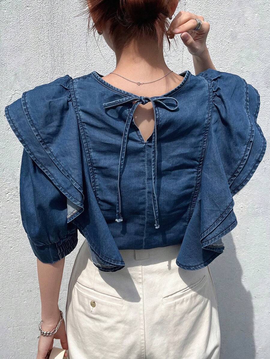FRIFUL Women's Casual Washed Denim Ruffle Trim Blouse - Dark Wash - View 1