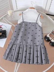 SHEIN 2pcs/Set Girls Summer Fashion Elegant Outfit, Turtleneck Sleeveless Tank Top + Bowknot Strap Dress, Lightweight