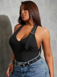 SHEIN SXY 加大码女式露背可调节无袖短款吊带背心，适合日常穿着、西装、邮轮装、音乐节、音乐会、狂欢派对、海滩度假、约会之夜、生日、单身派对、俱乐部、可爱、休闲、购物、街头服饰、外出、易于搭配且看起来苗条，凸显身材，修饰身材 - 黑色 - 查看 8
