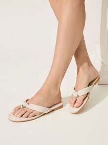 CUCCOO CHICEST Women's Solid Color Round Toe Flat Sandals, Elegant Casual Simple Comfortable Beige Faux Leather Ladies Flip Flops, Beach Shoes, Suitable For Vacation, Beach, Hawaii Island Style