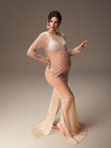 SHEIN Mutterschafts-Schwangerschafts-Fotoshooting-Kleid mit sexy durchsichtigem rundem Ausschnitt und Fischschwanz-Saum - Champagnerfarben - Übersicht 4