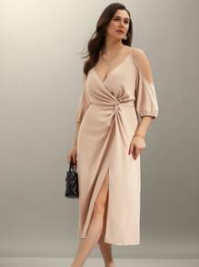 SHEIN Clasi Plus Size Women's Elegant Hollow Out Twisted Waist Dress, Spring/Summer Party Elegant - Khaki - View 4