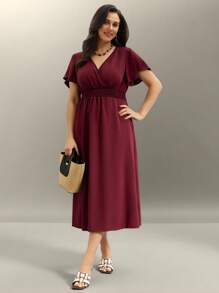 Flouryn Plus Size Women Summer Solid Color Overlapping V-Neck Short Sleeve High-Low Hem Elegant Dress, For Christmas Burgundy Maxi Women Outfit - Burgundy - View 5