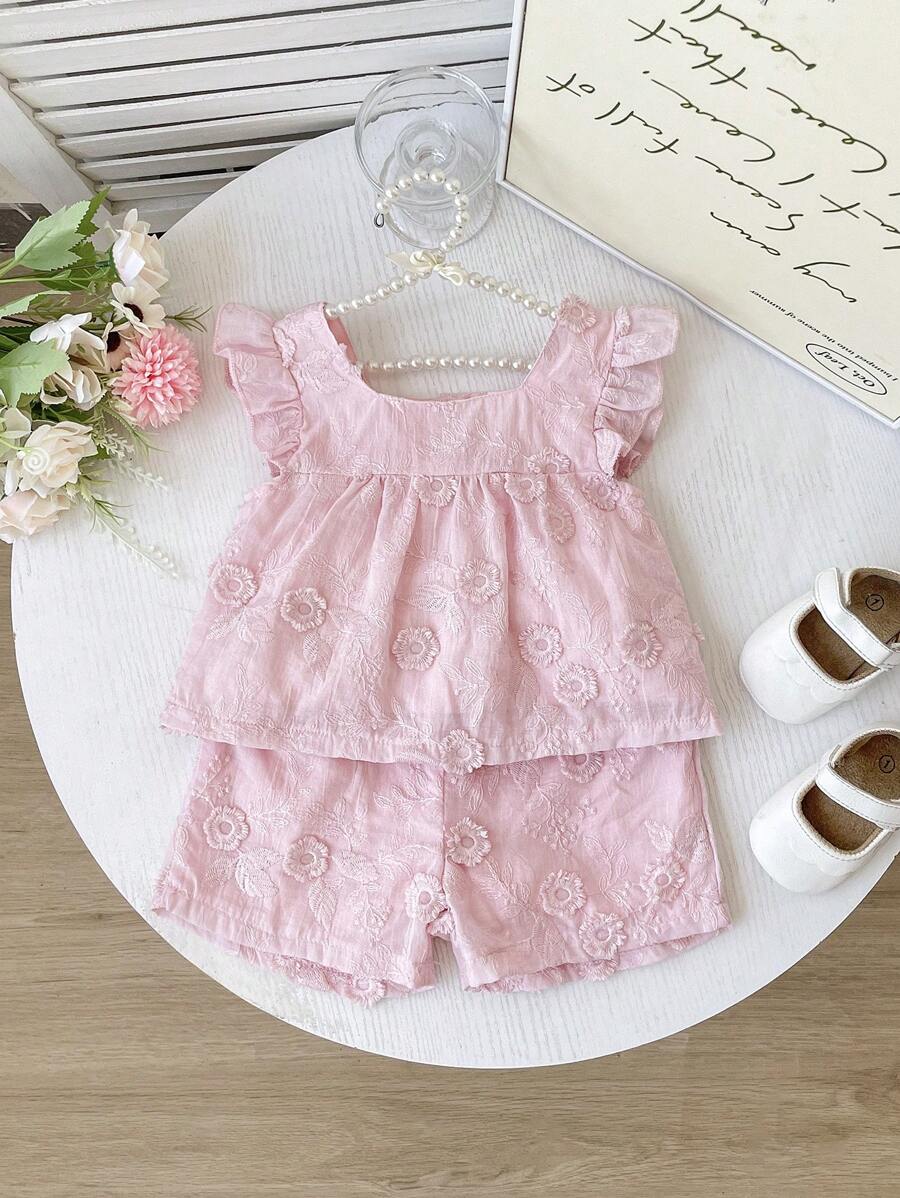 SHEIN Playful Pals 2pcs/Set Baby Girls 0-3 Years Floral Embroidered Collar Blouse And Shorts Set, Sweet And Lovely, Spring/Summer - Pink - View 1
