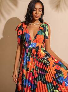 Lyxana Women's Shoulder Tie Waist Pleated Hem Long Dress - Multicolor - View 2