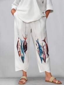 EMERY ROSE Plus Size Fish Print Cone Pants Vacation Summer,Boho - White - View 3