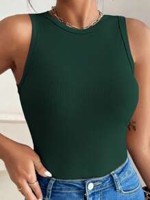 SHEIN VCAY Plus Size Solid Color Fitted Casual Sleeveless Tank Top, Summer Green - Dark Green - View 3