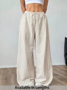 SHEIN Tall CURVE 大码休闲宽松条纹阔腿裤 - 杏色 - 查看 1