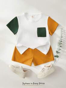Cozy Pixies Set de 2 piezas para bebé niño con parte superior de cuello redondo de punto suave de color contrastante y shorts de cintura elástica