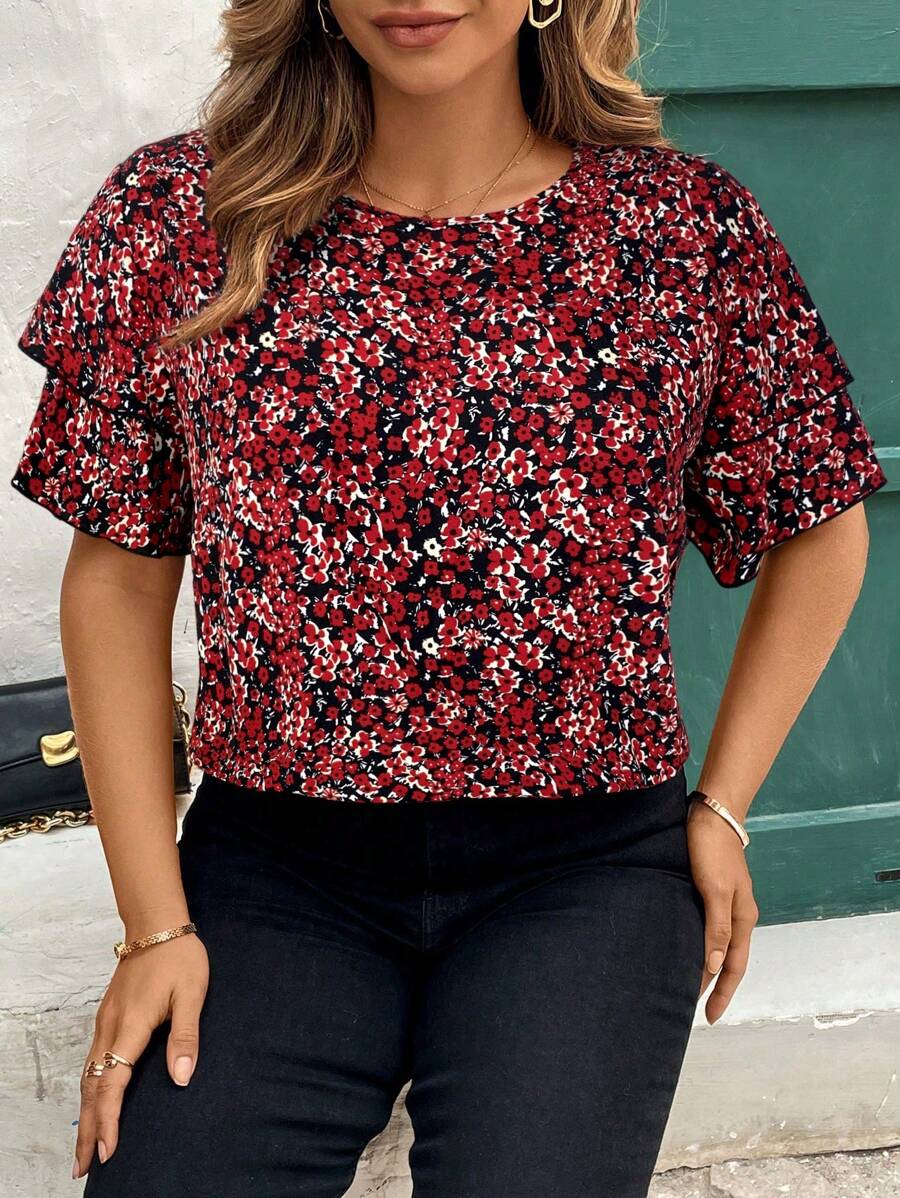 Reflora Blusa elegante da donna taglie forti con scollo tondo, maniche a volant e motivo floreale ditsy per le vacanze