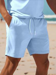 Manfinity Dauomo Men Solid Color Short Sleeve Casual Polo Shirt And Shorts Set - Baby Blue - View 4