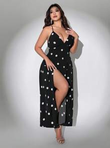 Viva Relle 大码性感优雅露肩露背波尔卡圆点连衣裙，适合度假穿着 - 黑色 - 查看 2