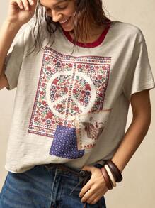 Bohemela BOHO Relaxed Fit Women's T-Shirt With Paisley Print And Solid Color, Vintage American Resort Style - Apricot - View 5
