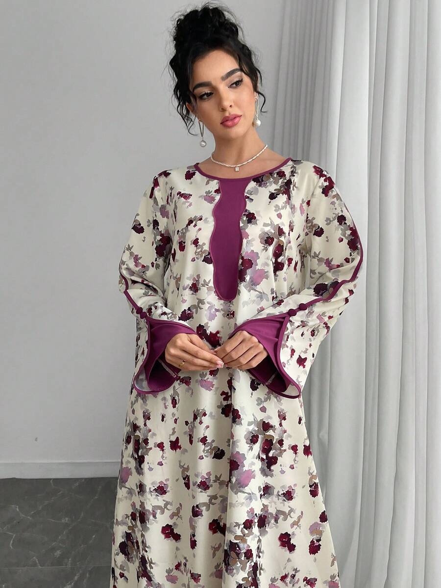 SHEIN Najma 女士休闲阿拉伯风格拼布印花连衣裙，朴素 - 彩色 - 查看 1