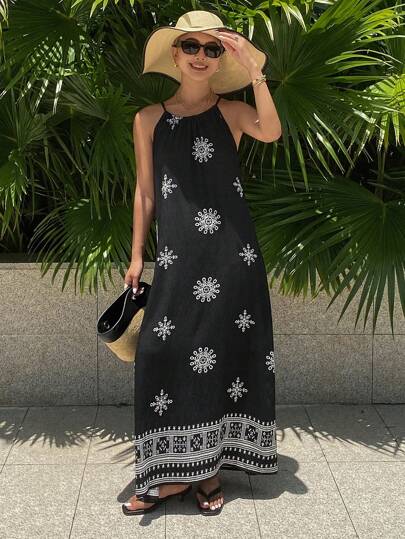 Livesso Floral Bohemian Style Drawstring Strap Long Dress For Women, Vacation Wear Summer Cruise Outfit For Women