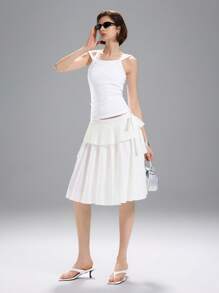 LYSMO 2025 New Arrival Women Summer Asymmetric Tiered Bow Decor Skirt, Fashion, Ins Style, Minimalist Mix Match - White - View 6