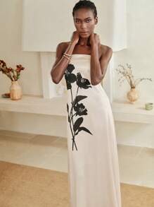 SHEIN LUNE Women's Satin Florol Print Strapless Maxi Dress, Fashion Summer Dress For Women - Apricot - View 7