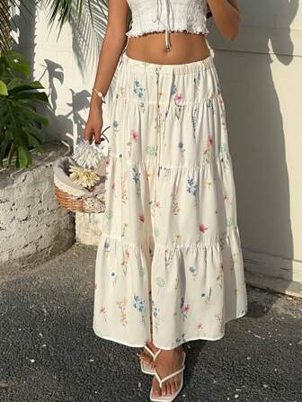 MainGRL Women's Floral Print Ruffled Drawstring Waist Casual Skirt For Vacation