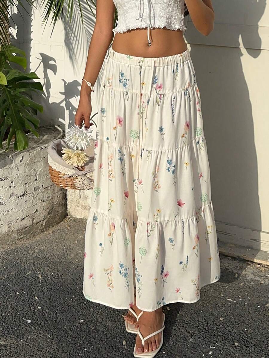 Muchica Falda casual con estampado floral, volantes y cordón en la cintura para vacaciones